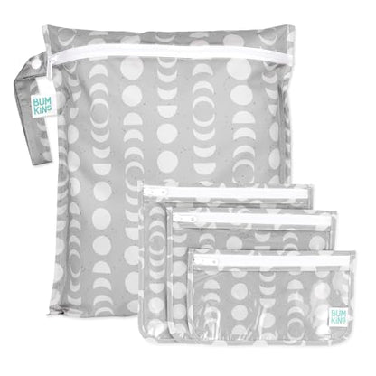 Bumkins - Waterproof Wet Bag & Clear Travel Bags - For Beach, Baby, Travel, Swim Suit, Cloth Diapers, Pump Parts, Pool, Gym, Toiletries - Reusable & Easy to Clean - Lunar Gray - 4 Pack - color: A7 Lunar Gray-4