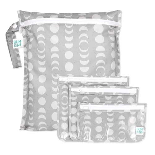Bumkins - Waterproof Wet Bag & Clear Travel Bags - For Beach, Baby, Travel, Swim Suit, Cloth Diapers, Pump Parts, Pool, Gym, Toiletries - Reusable & Easy to Clean - Lunar Gray - 4 Pack - color: A7 Lunar Gray-4