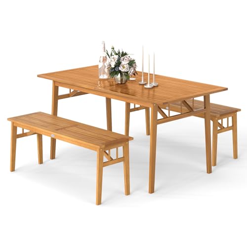 Tangkula 3 Pieces Patio Dining Set, Acacia Wood Space Saving Outdoor Rectangular Picnic Table with 1.97” Umbrella Hole and 2 Benches, for Yard, Garden and Poolside - size: 3 pieces