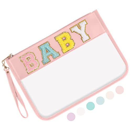 Iqimott Chenille Letter Clear Bag Baby Pouch, Monogram PVC & PU Makeup Cosmetic Bag Zipper Toiletry Pouch, Portable Travel Beach Snack Wristlet Bags for Women Girls(Baby, Pink) - color: Baby-Pink