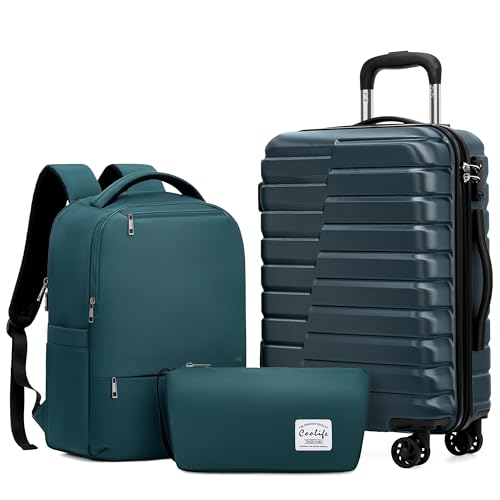 Coolife Luggage Sets 3 Piece, 20In Carry On Luggage with Spinner Wheels PC Hardside Suitcase Set with Travel Backpack (Teal blue, Backpack/TB/20) - color: Teal blue, size: 3 Piece Set (Backpack/TB/20in)