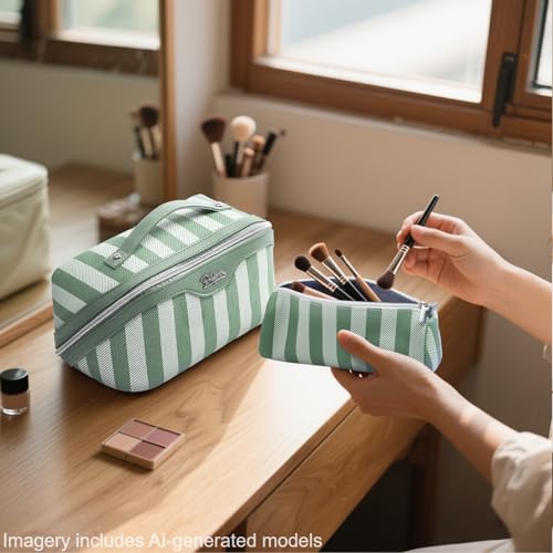 BOYATU Travel Makeup Bag Cosmetic Bag for Women: 3 Pcs Set Striped Make up Bag with Compartments - Waterproof Vegan Leather Toiletry Bag with Handle - Makeup Organizer for Travel Essentials(A-2-Green) - color: A-2-Green