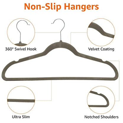 Amazon Basics Slim Velvet Non-Slip Space Saving Suit Clothes Hangers, Closet Organizer, Gray/Silver, 50-Pack - color: Gray/Silver, size: Pack of 50