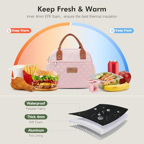 HOMESPON Insulated Lunch Bag for Women Men Adults Lunch Tote with Front Pocket Lunch Box Container Cooler Bag for Work Picnic (Pink) - color: Pink