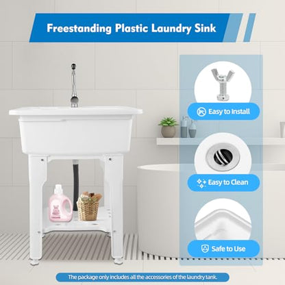 Freestanding Plastic Laundry Sink with Water Faucet, Indoor Outdoor Utility Sink with Washboard, Utility Sink Laundry Tub for Laundry Room/Garage/Garden (25.59x21.65x31.5 Inch) - color: White, 25.6 x 21.7 x 31.5in