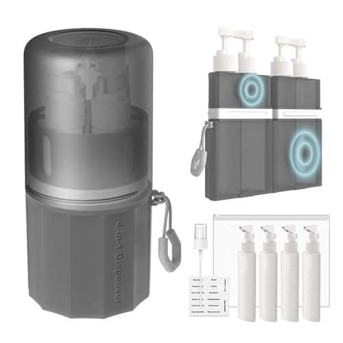 4 in 1 Travel Dispenser Bottle, TSA Approved Refillable Shampoo and Conditioner Bottles Set with Suction Cup for Smooth Walls, Travel Size Toiletries Container for Body Wash/Lotion.(Grey) - color: Gray