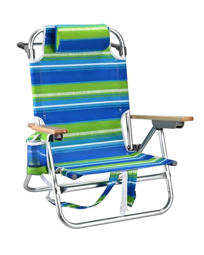 Backpack Beach Chairs for Adults Capacity 300 LBS Low 5 Position Beach Chair with Pouch Straps Folding Lightweight Reclining Aluminum Wide Lay Flat Single - color: 10in Wood Light Green Stripes 1 Pack