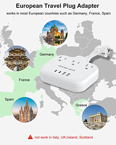 European Travel Plug Adapter 3 inch, International Plug Adapter, US to Europe Plug Adapter with 3 Outlets 4 USB Ports(2 USB C), Type E F Power Adapter to EU Germany Spain France Portugal Iceland - style: Type E/F-Germany France