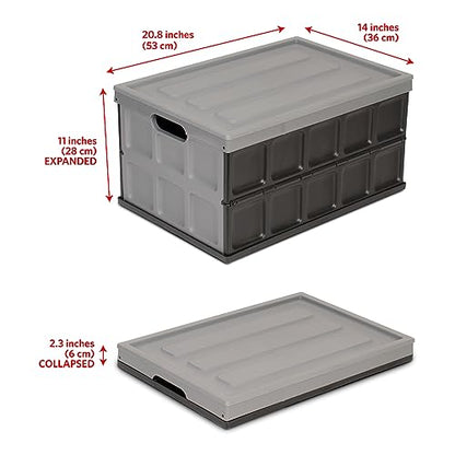 Glad Collapsible Storage Bin with Lid - 48L Foldable Plastic Box for Garage, Car Trunk, and Organization - Stackable Lidded Container with Handles, Grey - color: Grey