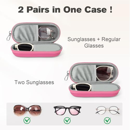 Double Eyeglasses Case, Dual Glasses Sunglasses Organizer with Zipper Closure, Eyewear Storage Box for Men Women Travel - color: Rosepink
