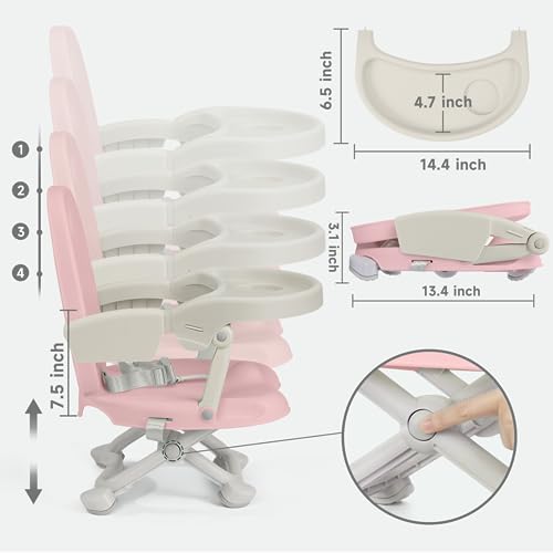 YOLEO Baby High Chair Booster Seat for Dining Table, Foldable High Chairs with Adjustable Heights, Travel Booster Seat with Removable Tray - color: Pink, size: No Cushion