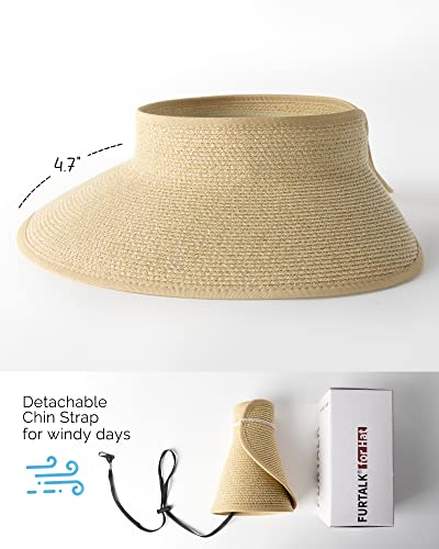 FURTALK Sun Hats for Women Wide Brim Beach Hat Straw Visor Ponytail Summer UV Packable Foldable Beach Vacation Essentials - color: Beige Khaki Mix