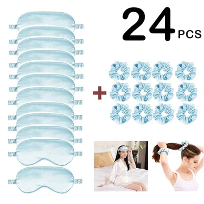 24Pcs Satin Eye Mask Silk Sleep Masks Silky Eyes Cover Blackout Blindfold Eyeshade Scrunchies Hair Ties Travel Wedding Gift - color: Water Green