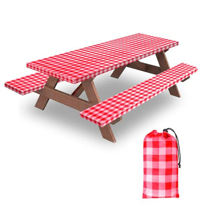 7ft Picnic Table and Bench Cover, Camping Essentials RV Gear, 84 in Waterproof Windproof Outdoor Elastic All Around Tablecloth, Fitted Rectangle Tables and Seats, Red-White Checkered - color: Red-white Checkered, size: 84"