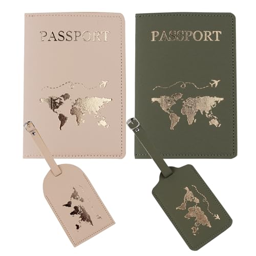 Passport Wallets Travel Holder Set,Passport Case,newlywed travel gifts for Couples,Honeymoon gift,Slim Passport Case Covers and Organizer Slots Couple Travel Luggage Tags,Bridal Shower Gift - color: Green and Khaki-map