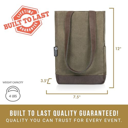 PICNIC TIME 2 and 3 Bottle Insulated Wine Bag, Distressed Waxed Canvas Wine Tote, Durable Bottle Carrier Bag for Gifts and Travel with Side Pockets & Removable Divider (Khaki Green with Brown Accents) - style: 2 Bottle Insulated Wine Bag