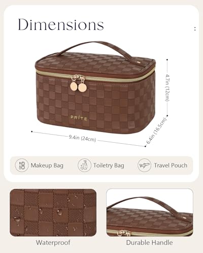 Prite Makeup Bag, Large Capacity Cosmetic Bag for Women and Girls, Waterproof PU Leather Travel Case with Handle, Divider for Skincare and Brushes - Checkered Brown - color: Checkered Brown