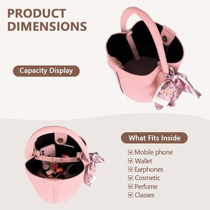 Vegan Leather Bucket Bag for Women Crossbody Bucket Purse with Removable Fashion Bucket Handbag - color: Pink