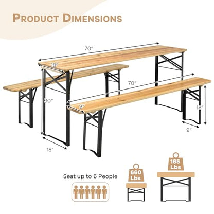 NAFORT 6FT Picnic Table Set, 3-Piece Folding Beer Table & Bench, Portable Wooden Picnic Tables for Outdoors Dining Table Set w/Metal Frame for Patio Garden