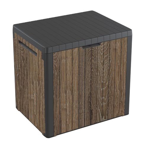 Keter Signature Everwood 30 Gallon Resin Outdoor Storage Box and Patio Furniture Side Table for Pool and Garden Accessories, Walnut - color: Walnut, size: 30 Gallon