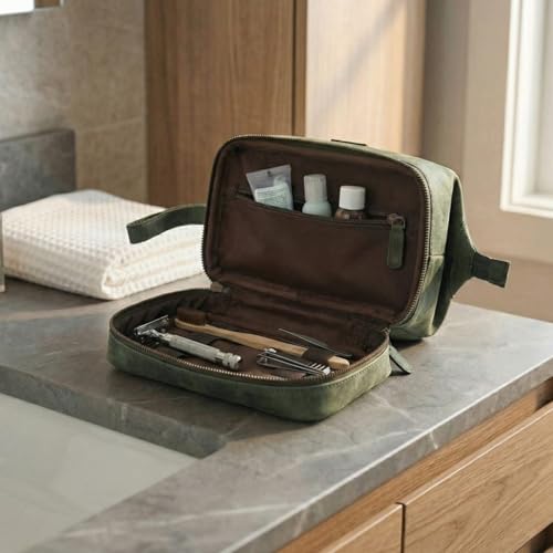 LEATHER VILLAGE Genuine Leather Dopp Kit – Large Travel Toiletry Bag with Waterproof Lining, Dual-Zip Design for Men & Women, Organizer for Shaving, Makeup & Essentials - Olive - color: Olive