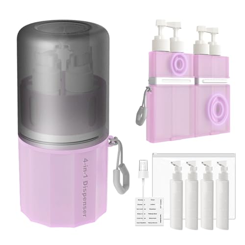 4 in 1 Travel Dispenser Bottle, TSA Approved Refillable Shampoo and Conditioner Bottles Set with Suction Cup for Smooth Walls, Travel Size Toiletries Container for Body Wash/Lotion.(Pink) - color: Pink