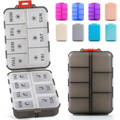 NEW Foldable & Double Protection Portable Weekly Pill Organizer 2 Times A Day with Etched Labels, AM PM 7 Day Week Medicine Box, Daily Travel Pill Case Dispenser for Vitamin, Supplement - Clear Black - color: Clear Black, size: AM & PM