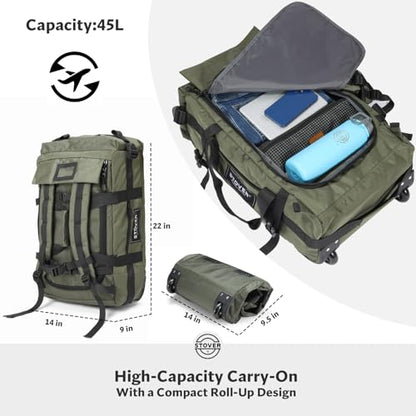 STOVER 45L Carry-On U-Zip Rolling Duffel Bag with Wheels, Medium Durable Travel Duffle w/Toiletry Bag, Heavy-Duty, Packable, Foldable w/Shoulder Straps- Use as Luggage or Backpack, Men/Women (Green) - color: U-Zip Green