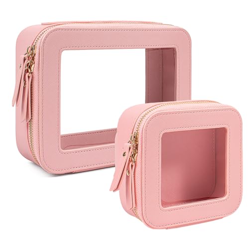 Travel Clear Makeup Bag Set, TSA Approved Cosmetic Bag Case with Zipper Portable Makeup Pouch Toiletry Bag Traveling Cosmetic Organizer Storage Bag Car Organizer Car Essentials - color: Mini+Large Pink