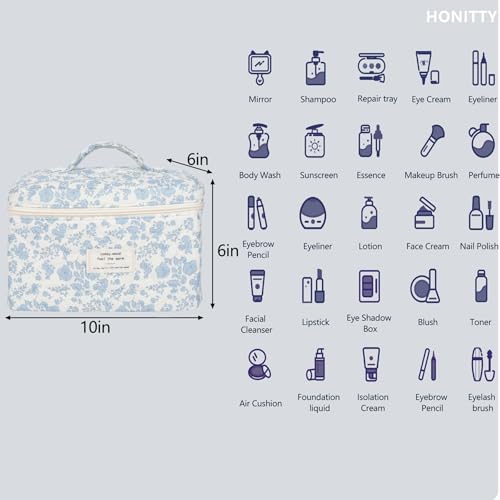 honitty Makeup Bag,Quilted Cosmetic Bags,Large Floral Make Up Bags for Women, Makeup Organize,Flower Travel Toiletry Bag - color: 1PCS-Blue-White