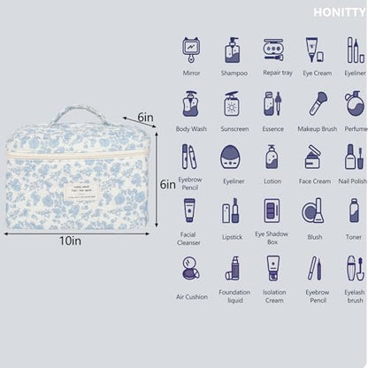 honitty Makeup Bag,Quilted Cosmetic Bags,Large Floral Make Up Bags for Women, Makeup Organize,Flower Travel Toiletry Bag - color: 1PCS-Blue-White