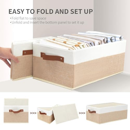 Closet Organizer Bins 3 Pack, Large Storage Bins for Shelves, Foldable Closet Storage Boxes Baskets with Leather Handles for Organizing Clothes, Sheets, Jeans, Toys, Books（Begie） - style: 3 Pack Begie & White