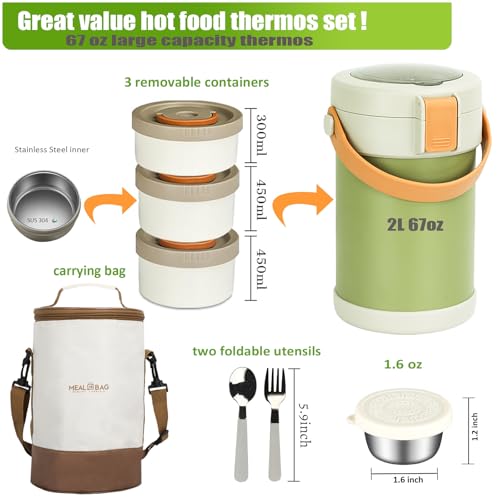 67oz/2L Thermo for Hot Food, 304 Stainless Vacuum Insulated Soup Thermo, Leakproof Thermal Lunch Box with 3 Stackable Bento Boxes & Leakproof Sauce Cups for Adults Office Travel Camping - Green - color: Green(Simple Version）