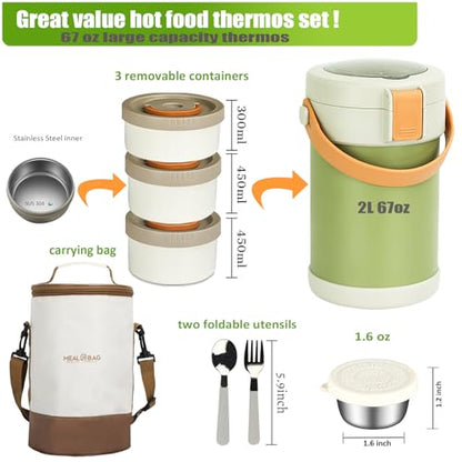 67oz/2L Thermo for Hot Food, 304 Stainless Vacuum Insulated Soup Thermo, Leakproof Thermal Lunch Box with 3 Stackable Bento Boxes & Leakproof Sauce Cups for Adults Office Travel Camping - Green - color: Green(Simple Version）