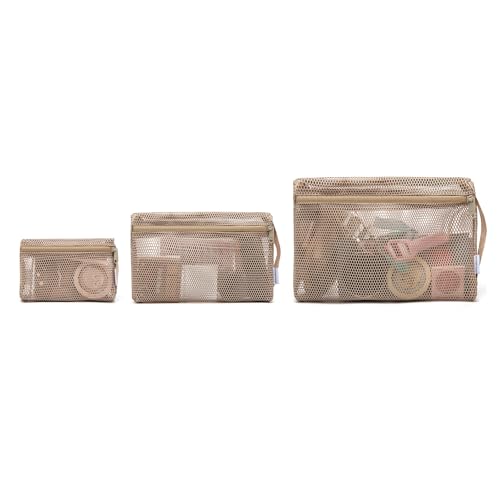 NOL Natural Organic Lifestyle 3-Pack Mesh Travel Toiletry Bags - Clear Zipper Travel Organizer, Airport Carry-On Compliant Reusable Cosmetic Makeup Bag for Women & Men (Khaki) - color: Khaki