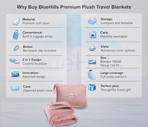 BlueHills Premium Soft Long Travel Blanket Pillow for Tall Airplane Flight Blanket 70 X48 inch Throw in Soft Bag case with Backpack Clip Compact Large Plane 2 in 1 Combo Pink T055 - color: Pink-long-t055