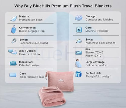BlueHills Premium Soft Long Travel Blanket Pillow for Tall Airplane Flight Blanket 70 X48 inch Throw in Soft Bag case with Backpack Clip Compact Large Plane 2 in 1 Combo Pink T055 - color: Pink-long-t055