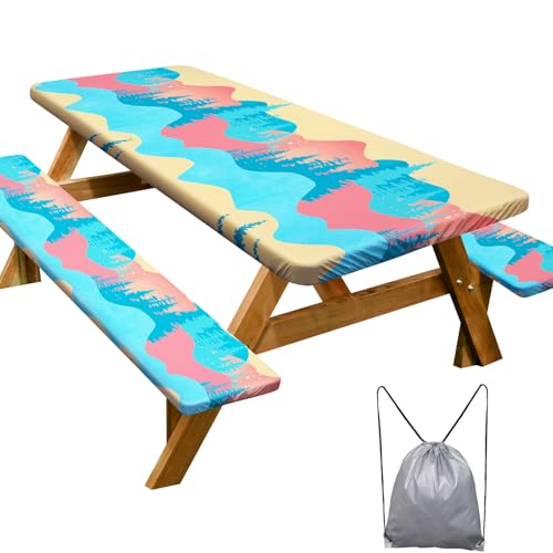 Picnic Table Cover with Bench Covers 6FT 3 Pcs Waterproof Windproof Aesthetic Camping Tablecloth with Drawstring Bag, Fitted for 6 Foot Rectangle Tables and Seats, 72 inch, Blue Orange - color: Blue Orange