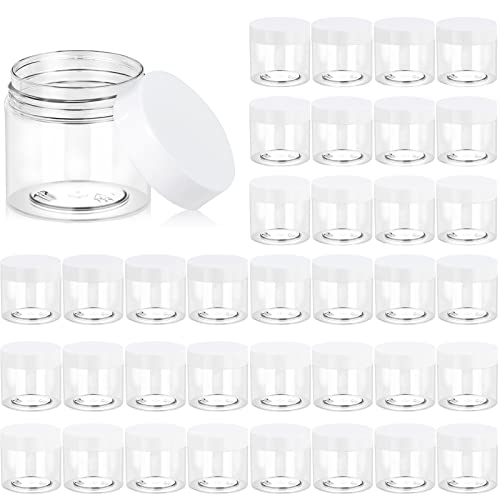 Eternal Moment 36 Pack 2 OZ Plastic Jars Round Clear Cosmetic Container Jars with White Lids, Perfect for Lotion, Slime，Cream, Ointments, Makeup, Eye Shadow, Samples, Pot, Travel Storage - color: White Lid, size: 2 Ounce