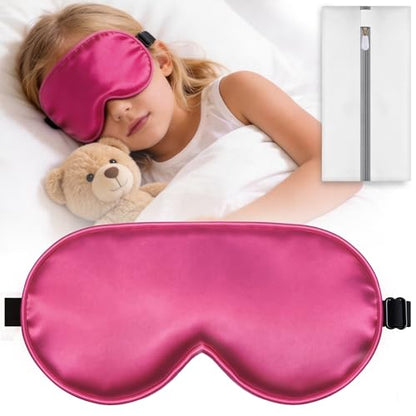 Kids Sleep Mask, Kids Eye Mask for Boys Girls, Kid Silk Eye Masks with Adjustable Strap for Sleeping, 100% Light-Blocking Sleep Eye Cover, Includes Protective Laundry Bag (Rose red) - color: Rose Red