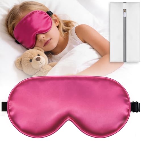 Kids Sleep Mask, Kids Eye Mask for Boys Girls, Kid Silk Eye Masks with Adjustable Strap for Sleeping, 100% Light-Blocking Sleep Eye Cover, Includes Protective Laundry Bag (Rose red) - color: Rose Red