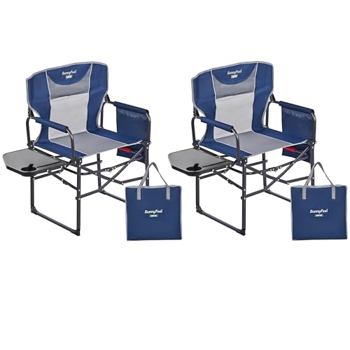 SUNNYFEEL Camping Directors Chair, Heavy Duty,Oversized Portable Folding Chair with Side Table, Pocket for Beach, Fishing,Trip,Picnic,Lawn,Concert Outdoor Foldable Camp Chairs - color: Navy Blue-2set
