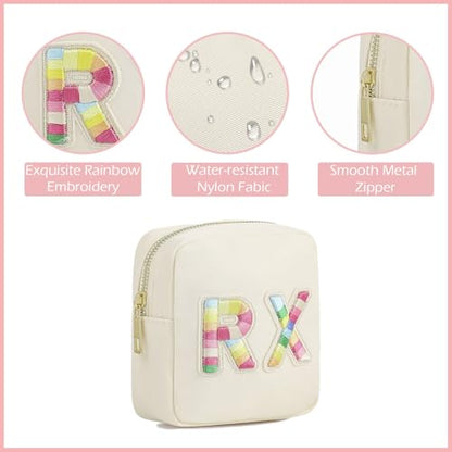 Small Nylon Rx Medicine Bag, Cute Waterproof Chenille Letter Patch Drug Makeup Bag with Metal Zipper, Pill Bag for Purse, Mini Travel First Aid Purse Organizer Machine Washable (08Beige RX) - color: 08Beige RX
