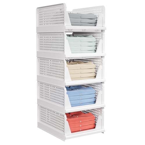 5 Pack Stackable Closet Storage Basket - Stackable Storage Bins, Multifunctional & Foldable Closet Organizer Waterproof, Wardrobe Cupboard Space-Saving Hat Storage Drawer Organizer, White - size: 5 Pack White
