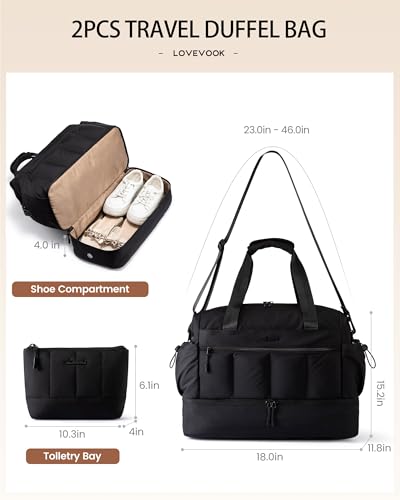 LOVEVOOK Travel Duffel Bag, Gym Bag for Women, Large Weekender Overnight Bags with Shoe Compartment, 38L Carry on Gym Hospital Bag with Wet Pocket, 2 Pcs - color: Beige, size: Large-2 Pcs