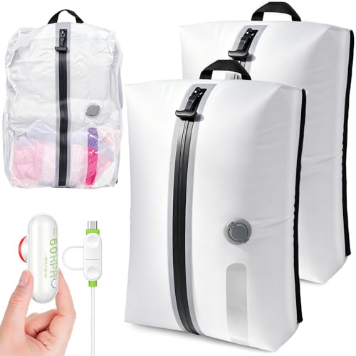 LONGHIKER Travel Vacuum Bags with Pump – Reusable Airless Space Saver Vacuum Storage Bags Compression Bag for Carry-On Suitcase & Backpack, IPX8 Waterproof TPU Vacuum Seal Bags for Clothing (2PC-18L) - color: white (2-Pack), size: 18L (Air Pump included)