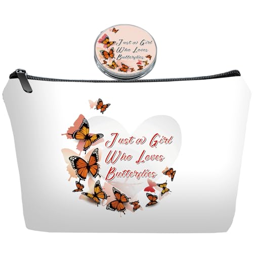 Romantic Butterfly Heart Makeup Bag Set Gift with Mirror, Cute Butterflies Around Heart Cosmetic Pouch for Women, Sweet Love Print Zipper Clutch for Girlfriend Valentine's Day Gift - color: Butterflies Love heart-white-2S