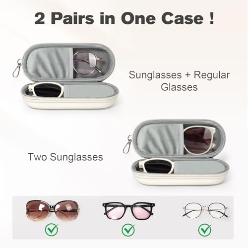 Double Eyeglasses Case, Dual Glasses Sunglasses Organizer with Zipper Closure, Eyewear Storage Box for Men Women Travel - color: Beige