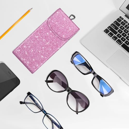 FINTIE Double Glasses Case with Carabiner Hook, Portable Vegan Leather Eyeglass Case Anti-scratch Sunglasses Pouch - color: Glittering Purple