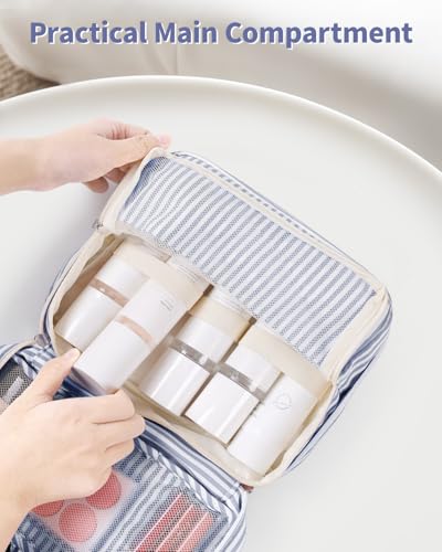 Narwey Small Hanging Travel Toiletry Bag for Women, Travel Bag for Toiletries, Makeup Bag Organizer Cosmetic Bags Make Up Bags for Girls - color: ZB-Greyish Blue Stripe